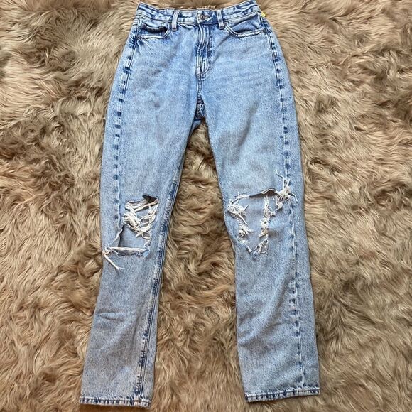 American Eagle Mom Ripped Strait Leg Jean distressed Cotton Light-wash High-rise - Picture 2 of 13